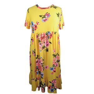 MOA Collection Yellow Floral Short Sleeve Empire Waist Midi Dress Plus Size 3X